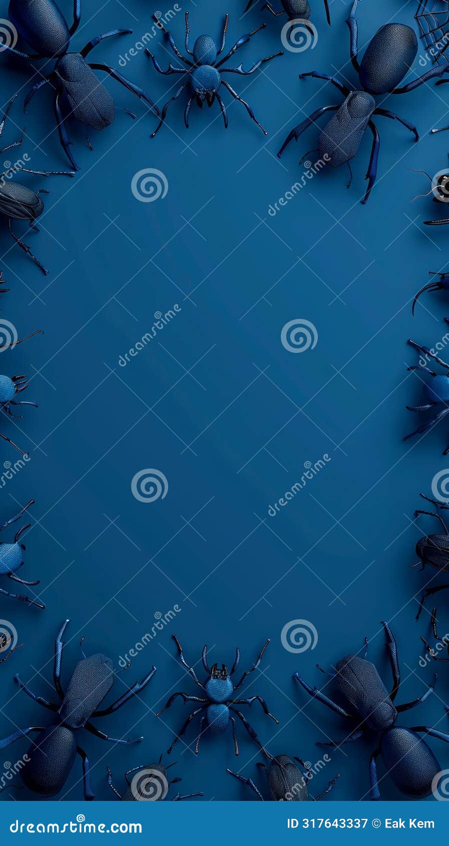 creepy crawly tarantulas surrounding a blank blue space ideal for halloween themes