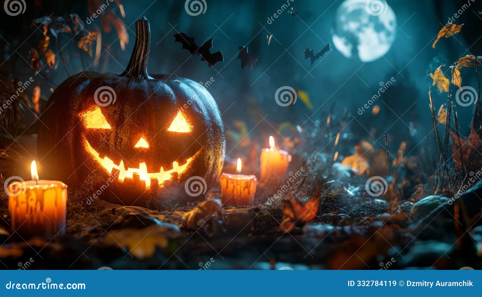 the creepy expression of a pumpkin lantern illuminated by candles on a moonlit halloween night