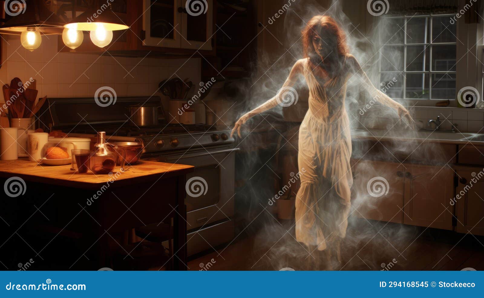 creepy fairy ghost in kitchen: ultra realistic photo