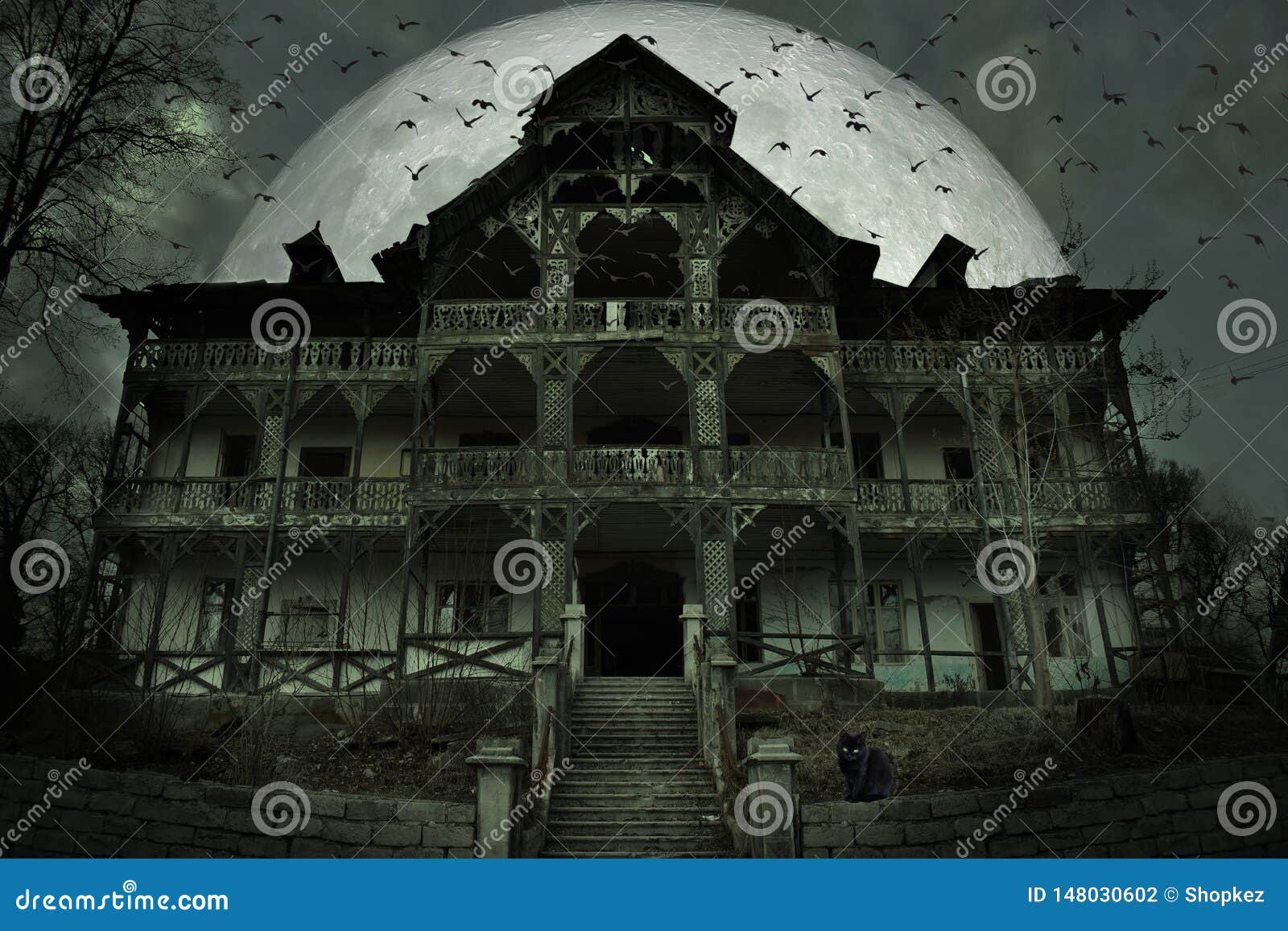 creepy haunted house with dark horror atmosphere. a black cat, many bats and big full moon behind the frightful scene