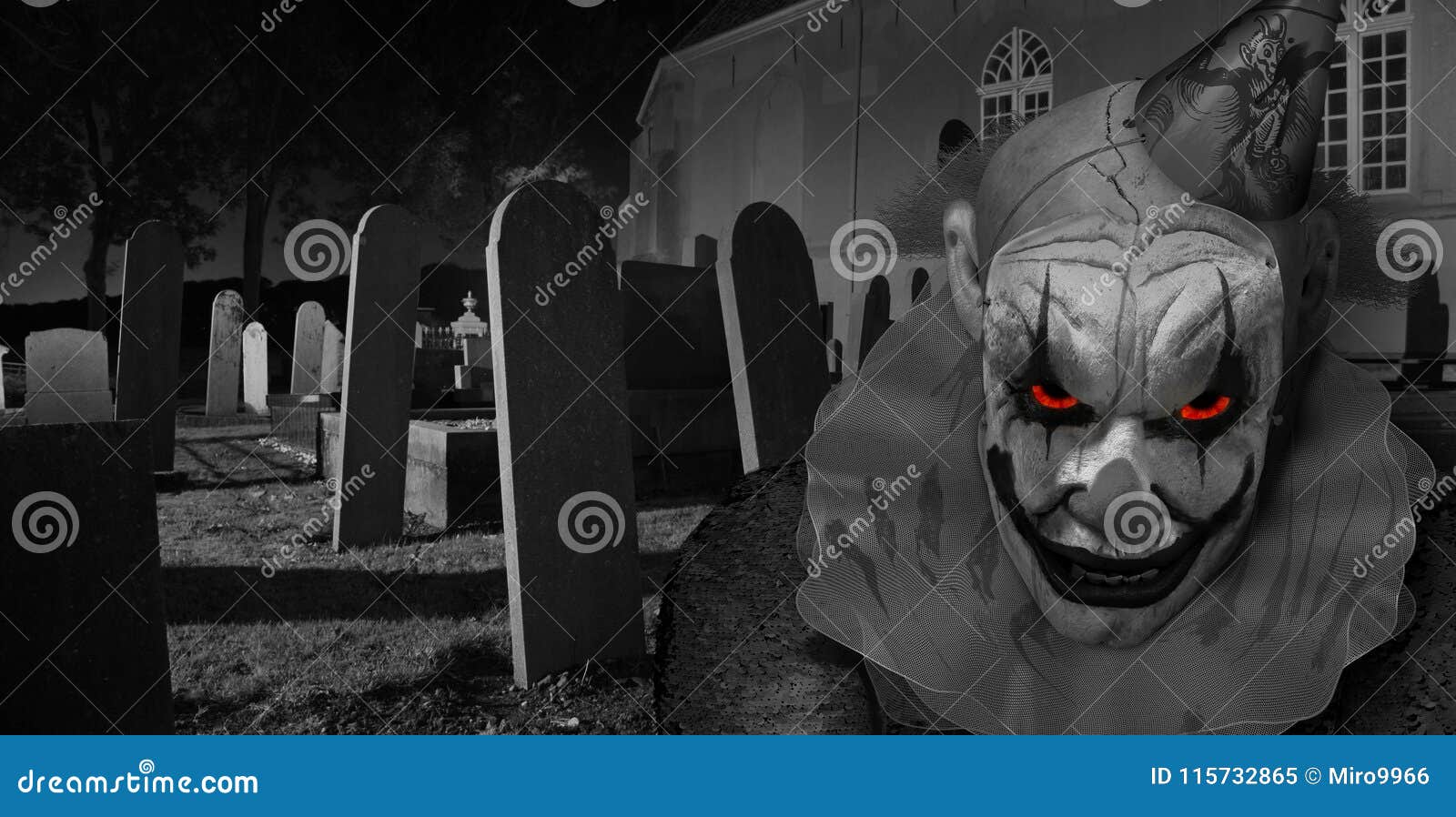 creepy horror clown in graveyard