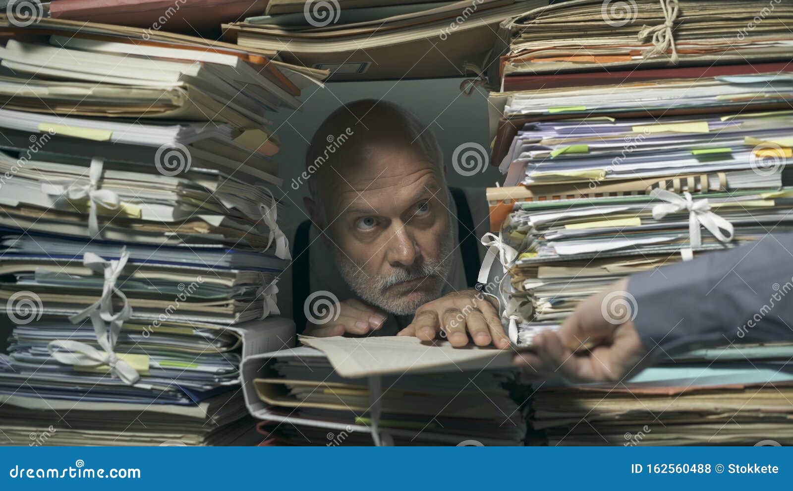 creepy office clerk overloaded with paperwork