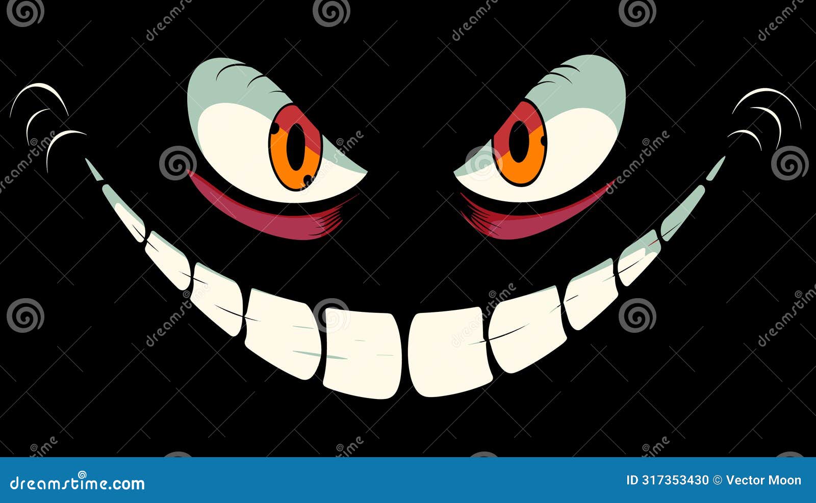 creepy smile cartoon face, red eyes menacing grin. scary cheshire cat impression dark background
