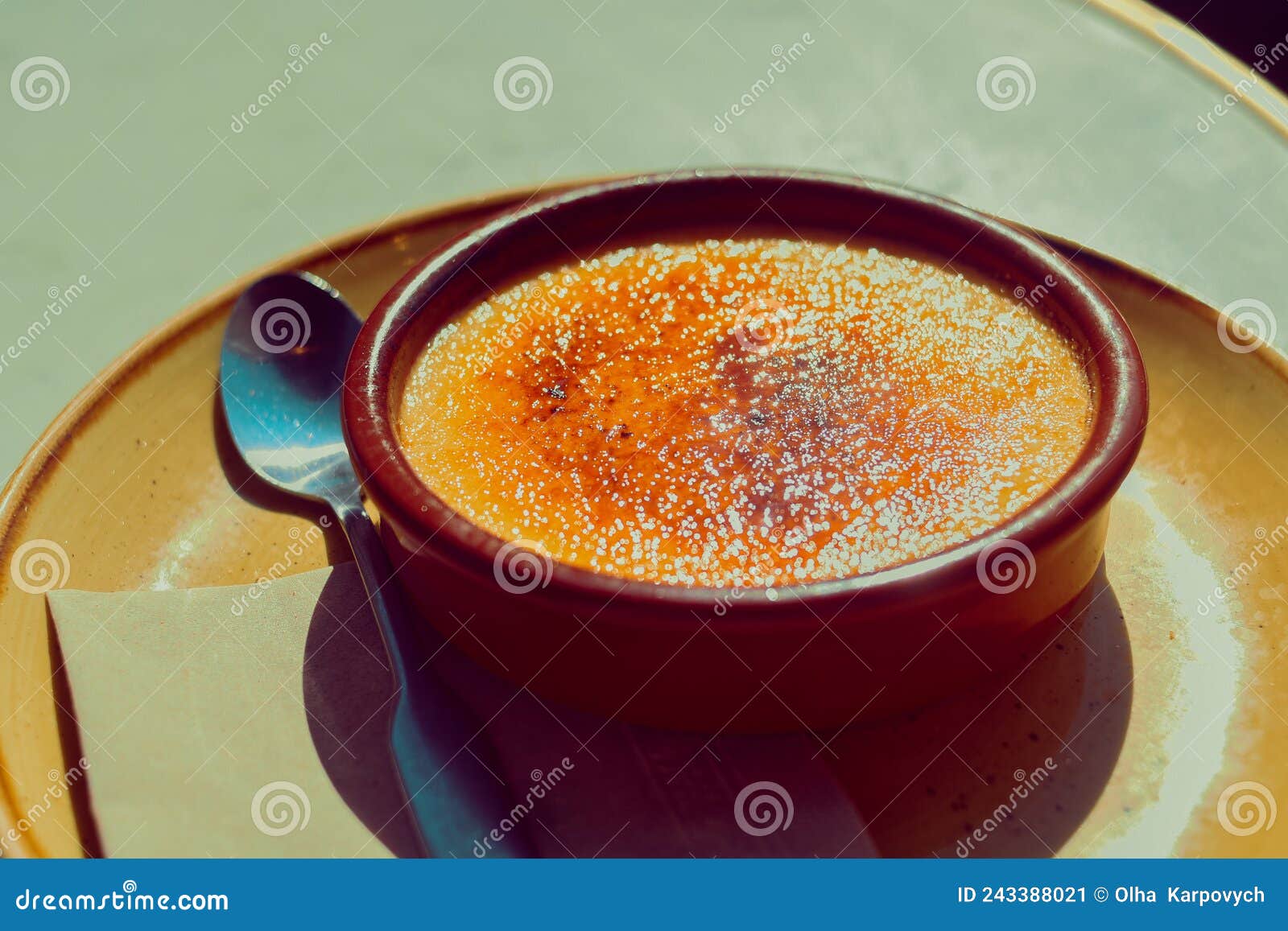 Creme Brulee in a Cafe in the Sun with a Baked Crust Stock Image