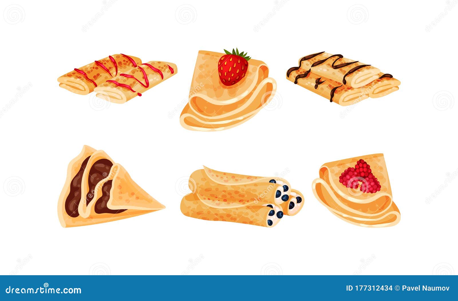 Crepes or Blinis with Different Stuffing Rolled and Folded in Triangle Shape Vector Set Stock