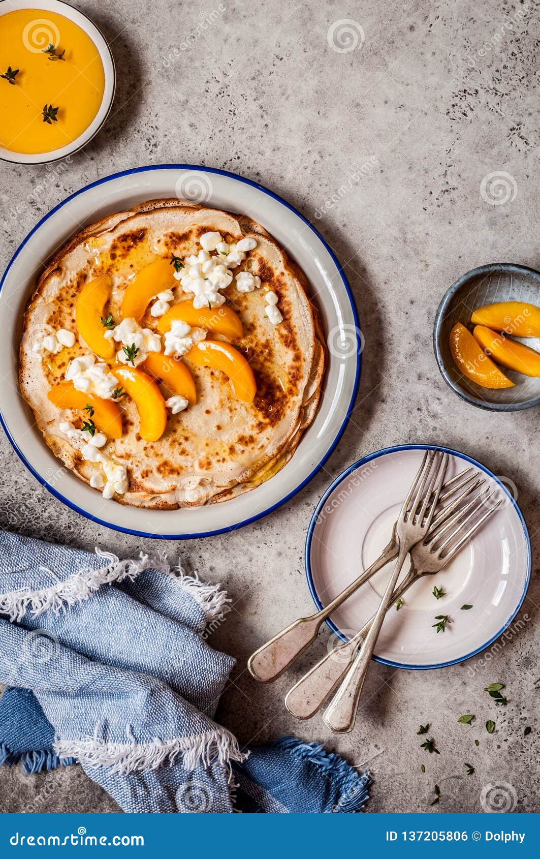 Crepes With Cottage Cheese And Peaches Stock Photo Image Of Curd