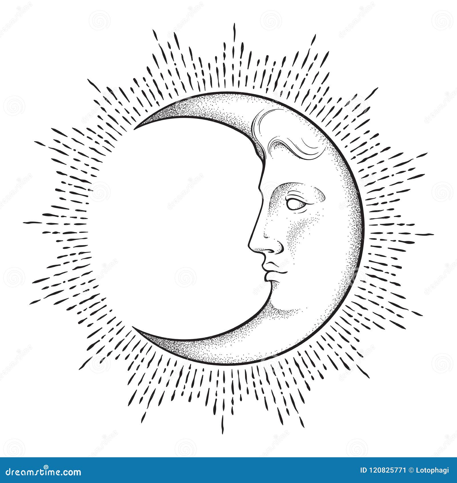 Crescent Moon With Face In Antique Style Hand Drawn Line Art And Dotwork. 