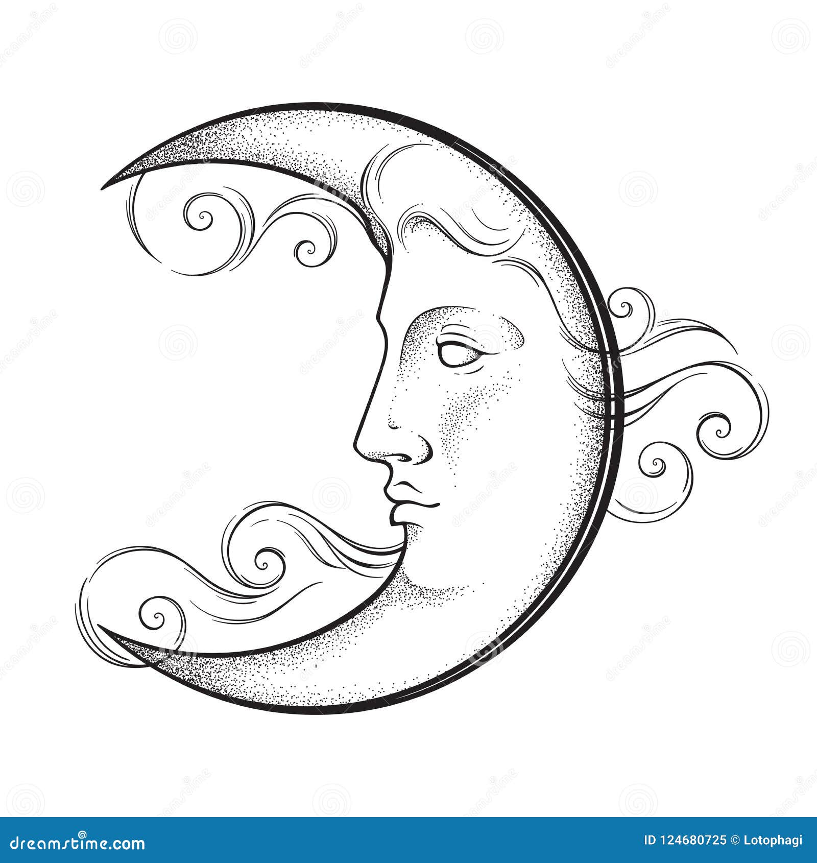 Crescent Moon With Face In Antique Style Hand Drawn Line Art And