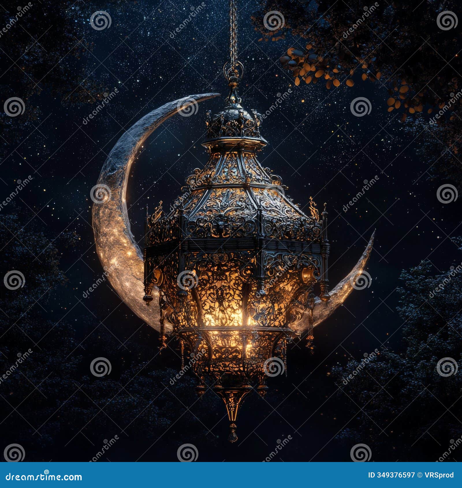 crescent moon lantern glowing at night in starry forest sky