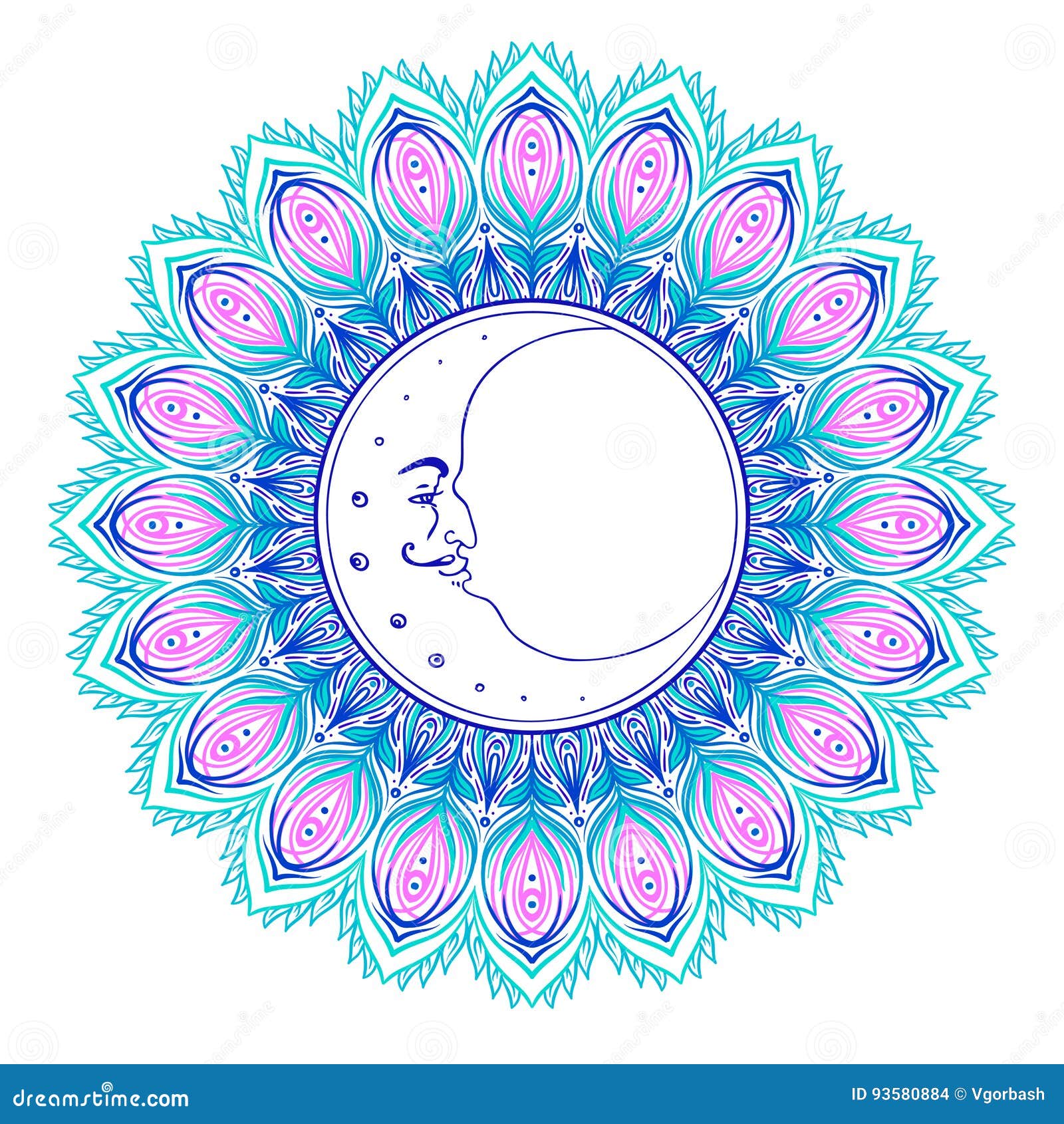 Download Crescent Moon Over Colorful Mandala. Vector Illustration ...
