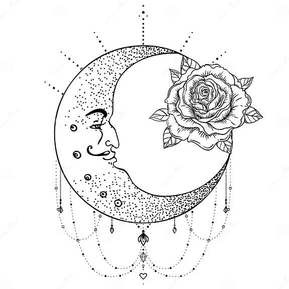 Crescent Moon, Rose Flower, Sacred Geometry. Blackwork Tattoo Fl Stock ...