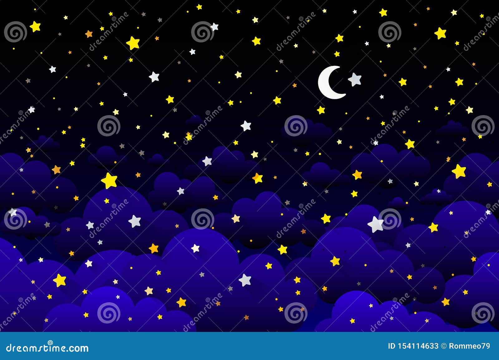 Crescent Moon, Stars, and Clouds on the Midnight Sky Background ...
