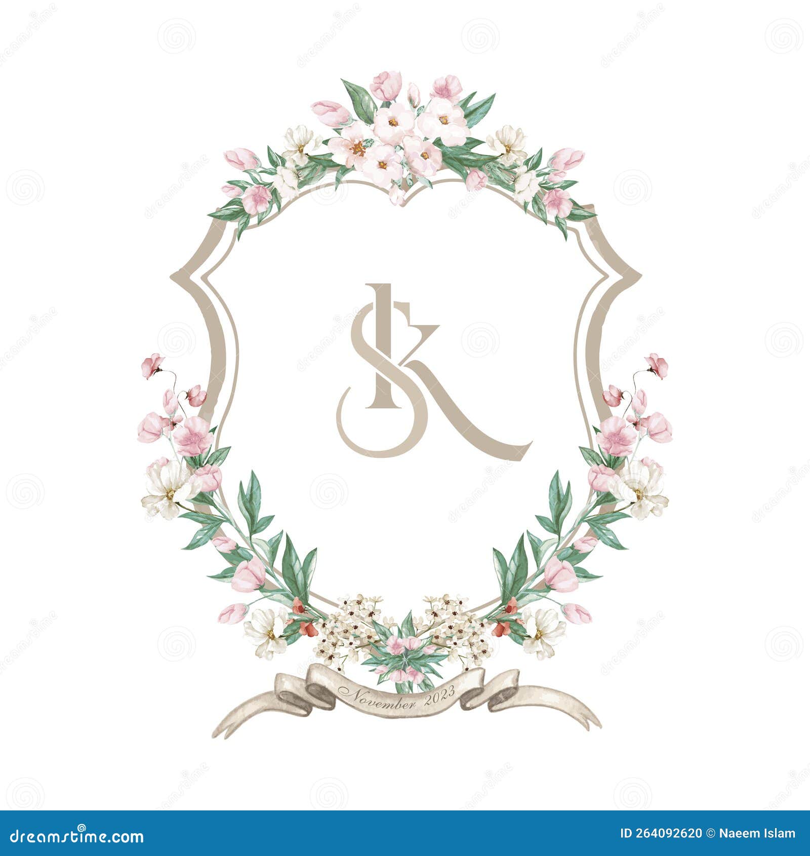 painted wedding monogram sk initial watercolor floral crest. watercolor crest frame.
