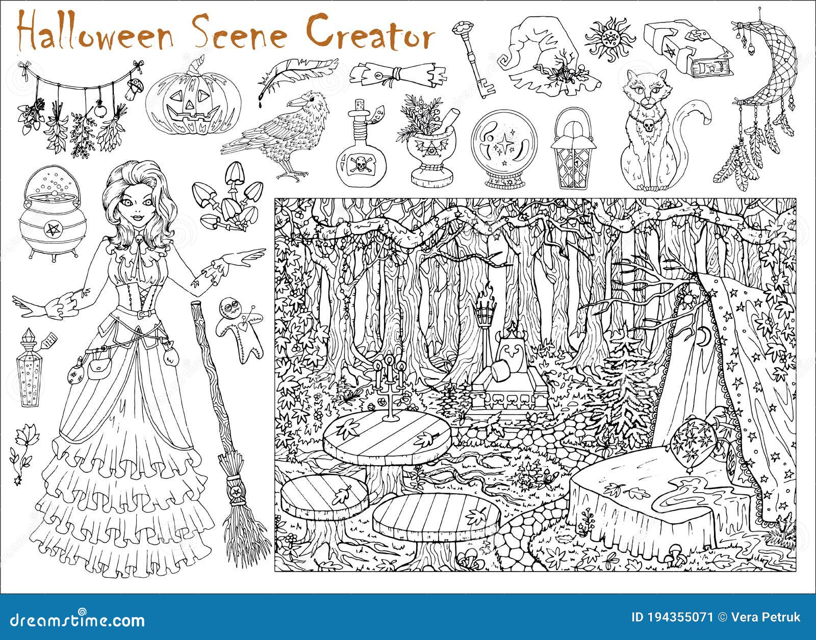 Página para colorir de halloween com objetos assustadores, fofos desenhados  à mão