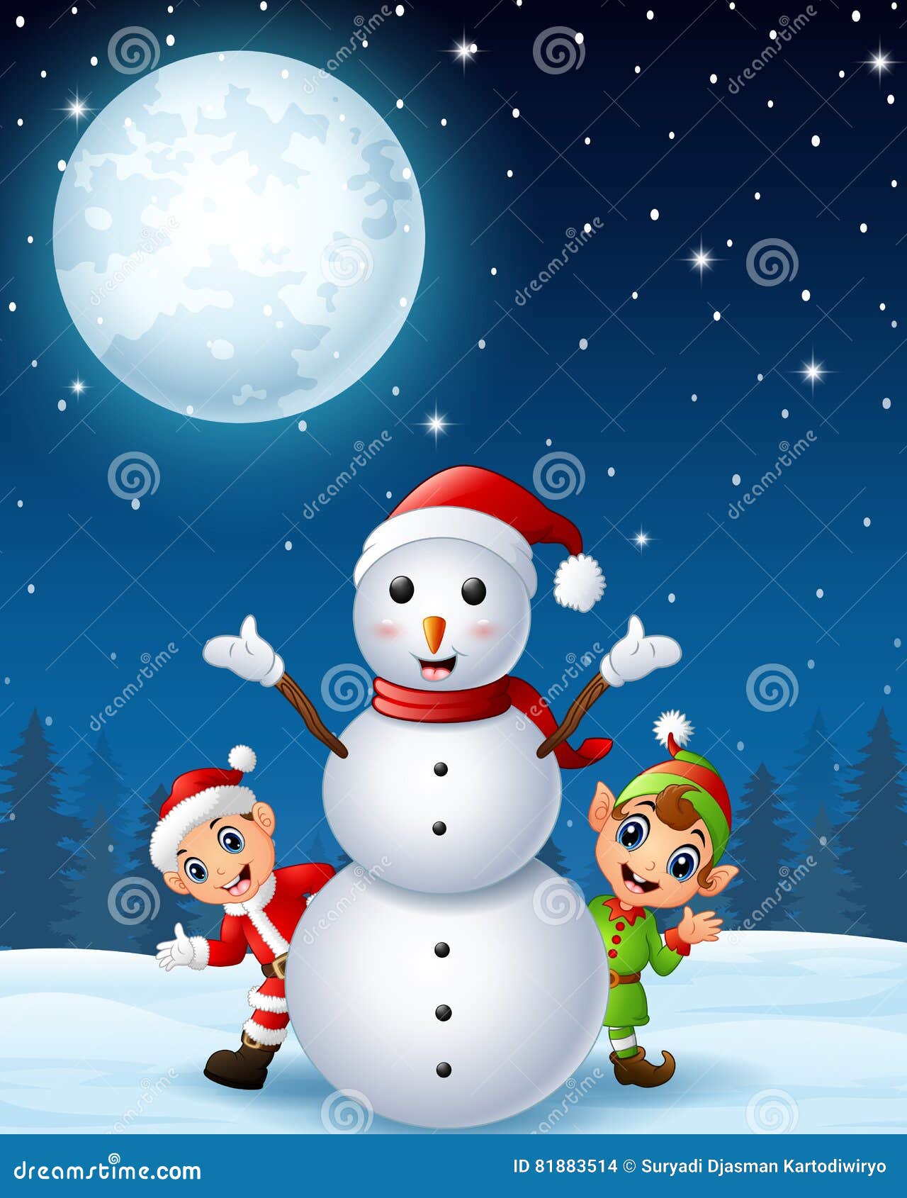 Criança De Papai Noel Do Natal Com Duende E Boneco De Neve Dos Desenhos  Animados No Fundo Do Inverno Ilustração do Vetor - Ilustração de santa,  presente: 81883514