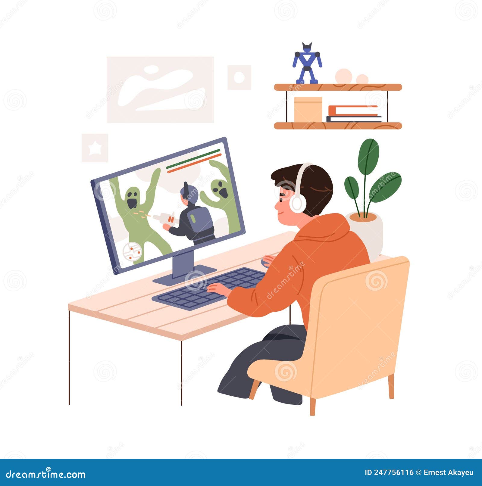 Criança aprendendo on-line à noite usando computador desktop na sala de  estar em casa criança jogando jogos de computador ou estudando no  computador pc jogador infantil na iluminação de néon noturna