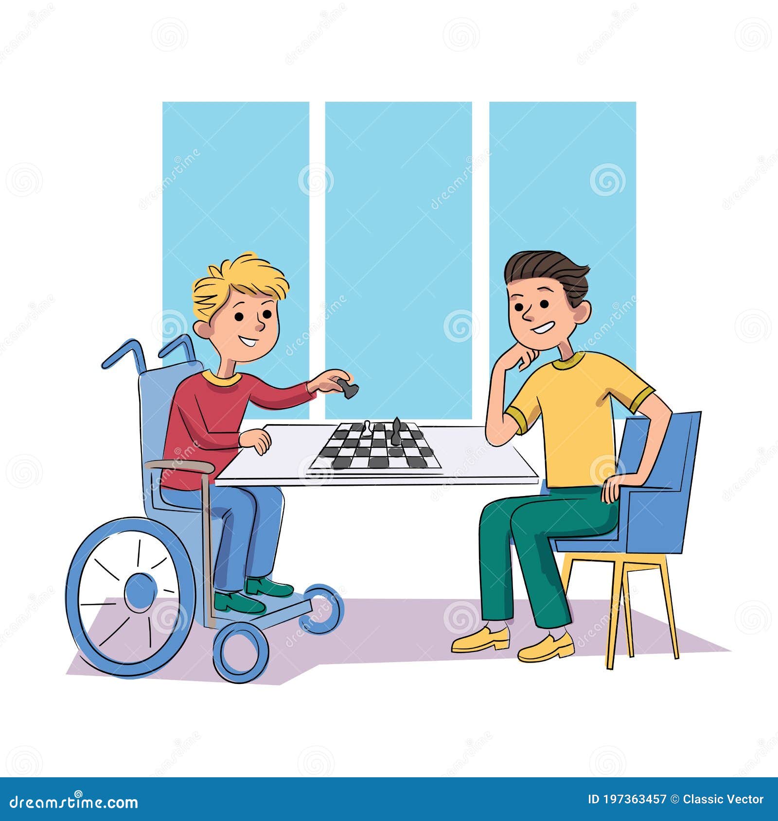 Menino com deficiência jogando xadrez com um amigo jogador com deficiência  no tabuleiro de xadrez homem em cadeira de rodas jogo de estratégia pessoas  com deficiência apoiam reabilitação de cara ferido conceito