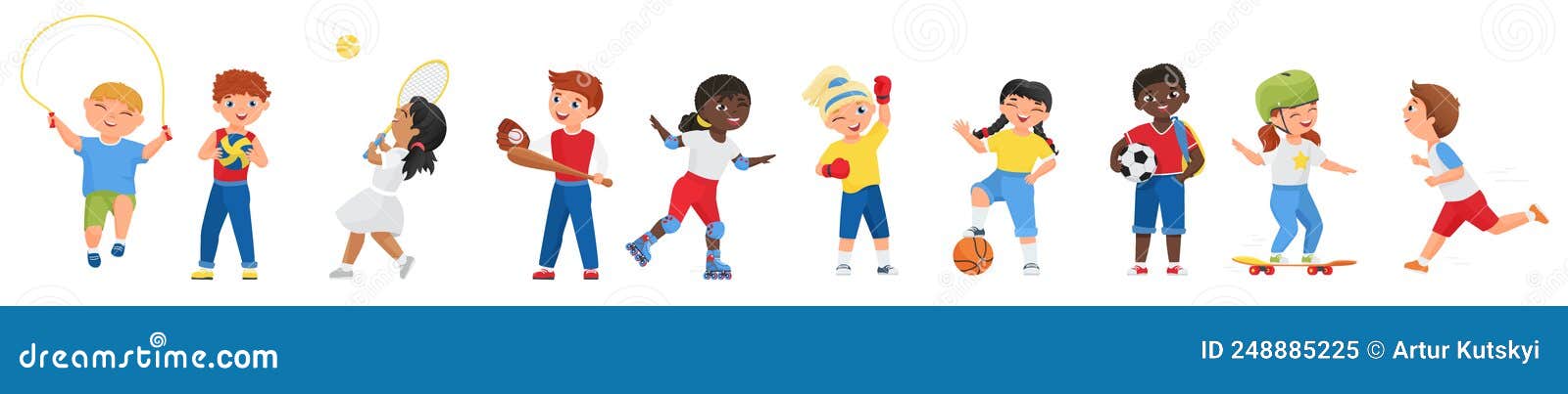 Crianças felizes fazem exercícios esportivos. desenhos animados de