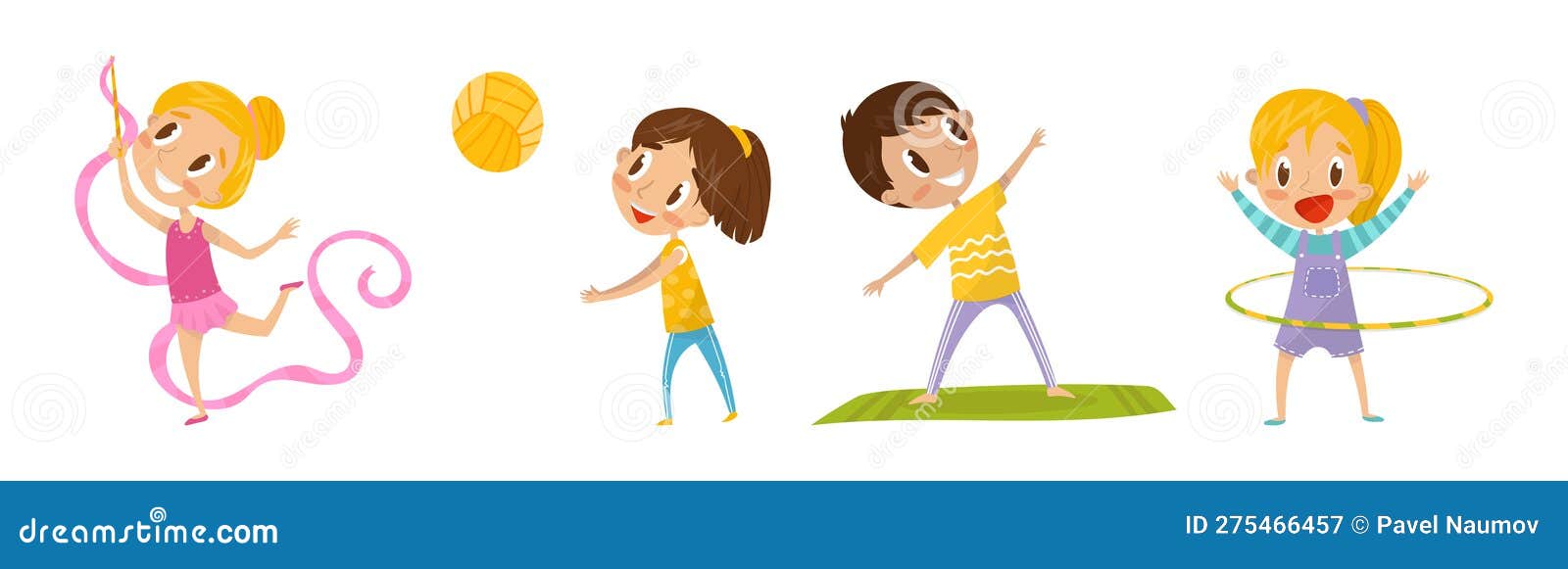 Crianças felizes fazem exercícios esportivos. desenhos animados de