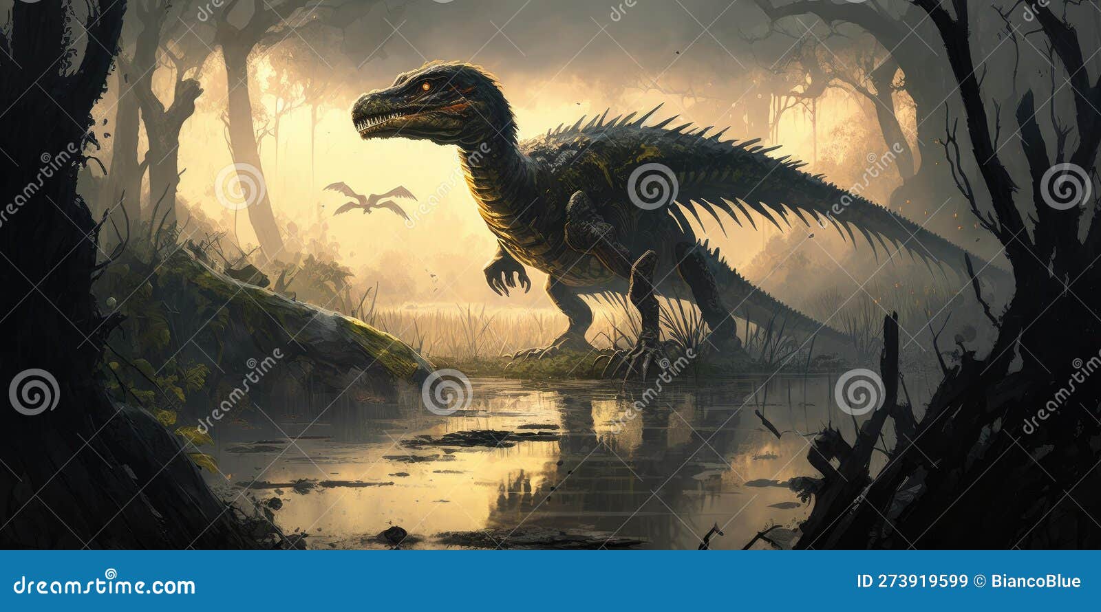 Criatura pré-histórica ou dinossauro na natureza selvagem desenho