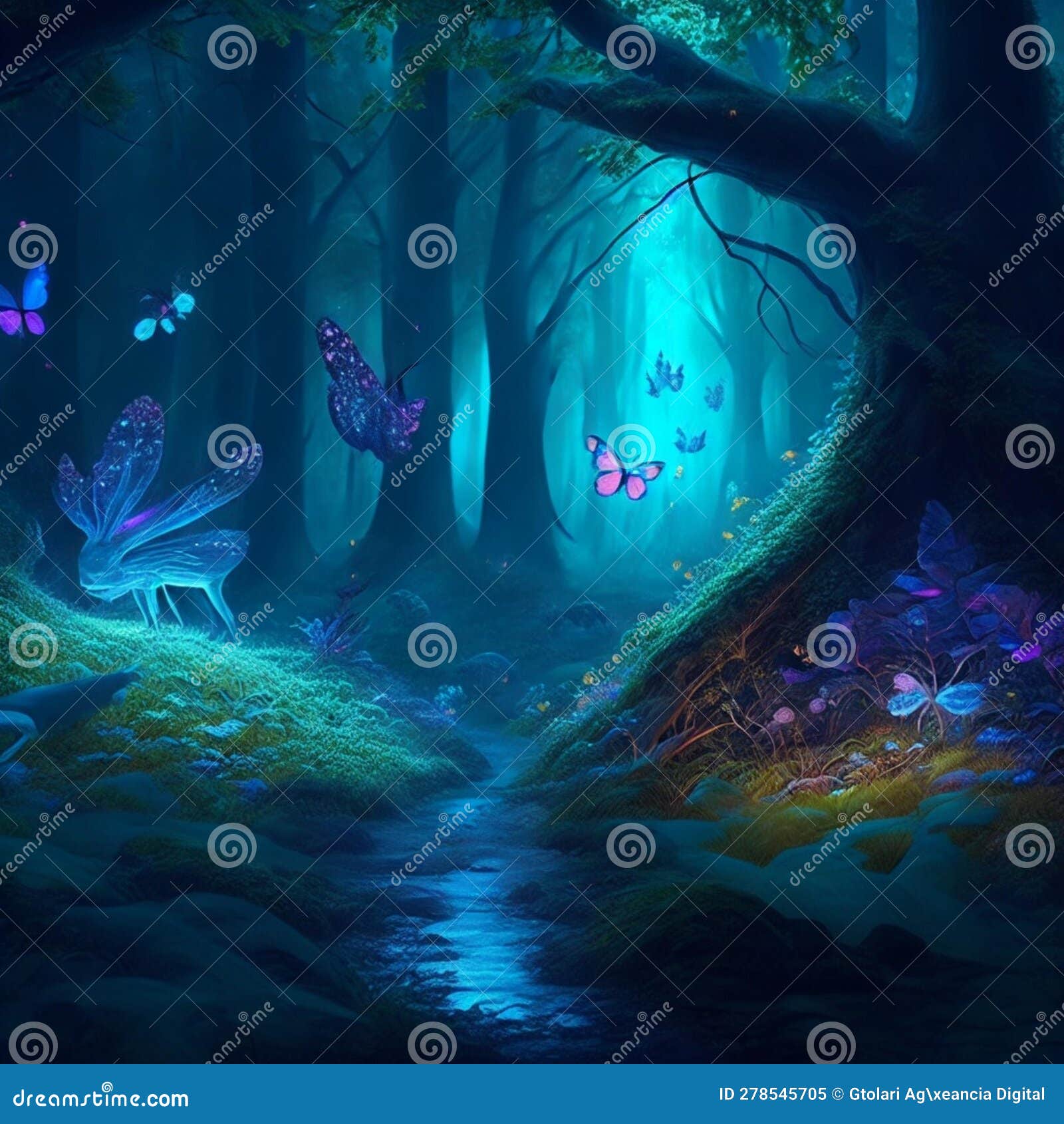 enchanted forest with sparkles, mythical plants and creatures, magical animals, butterflies