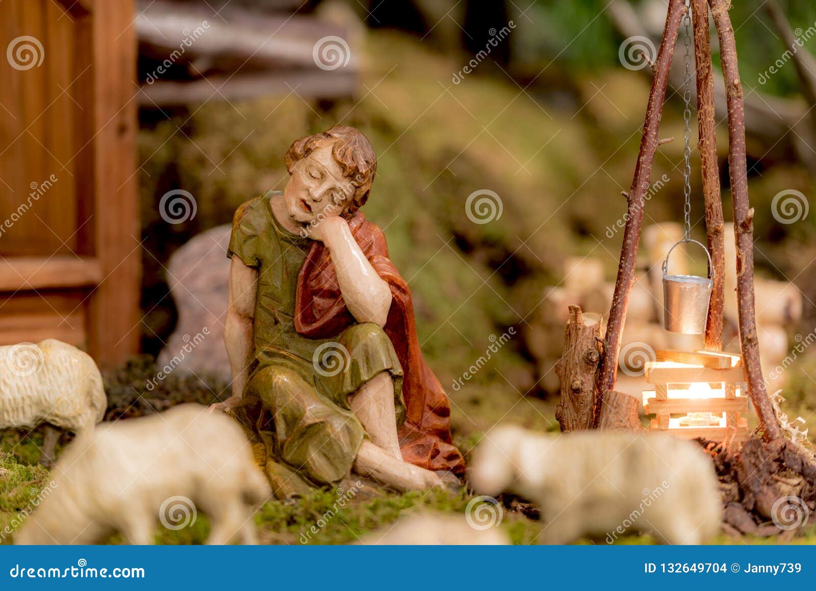 Crib Figure Shepherd with Sheep and Hearth in Front of Green Background