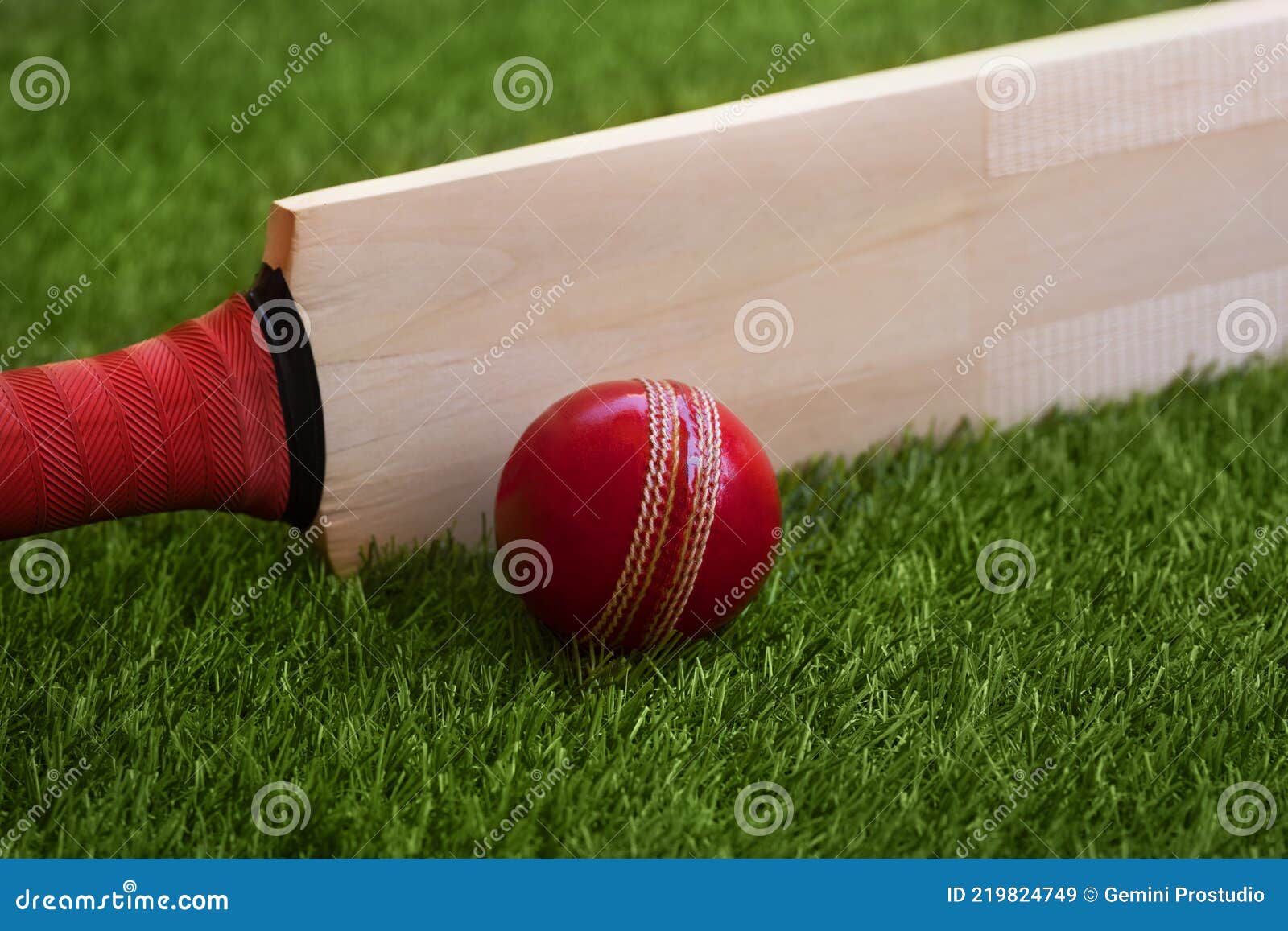 Cricket Bat and Ball Placed on Cricket Ground Green Grass Stock Image