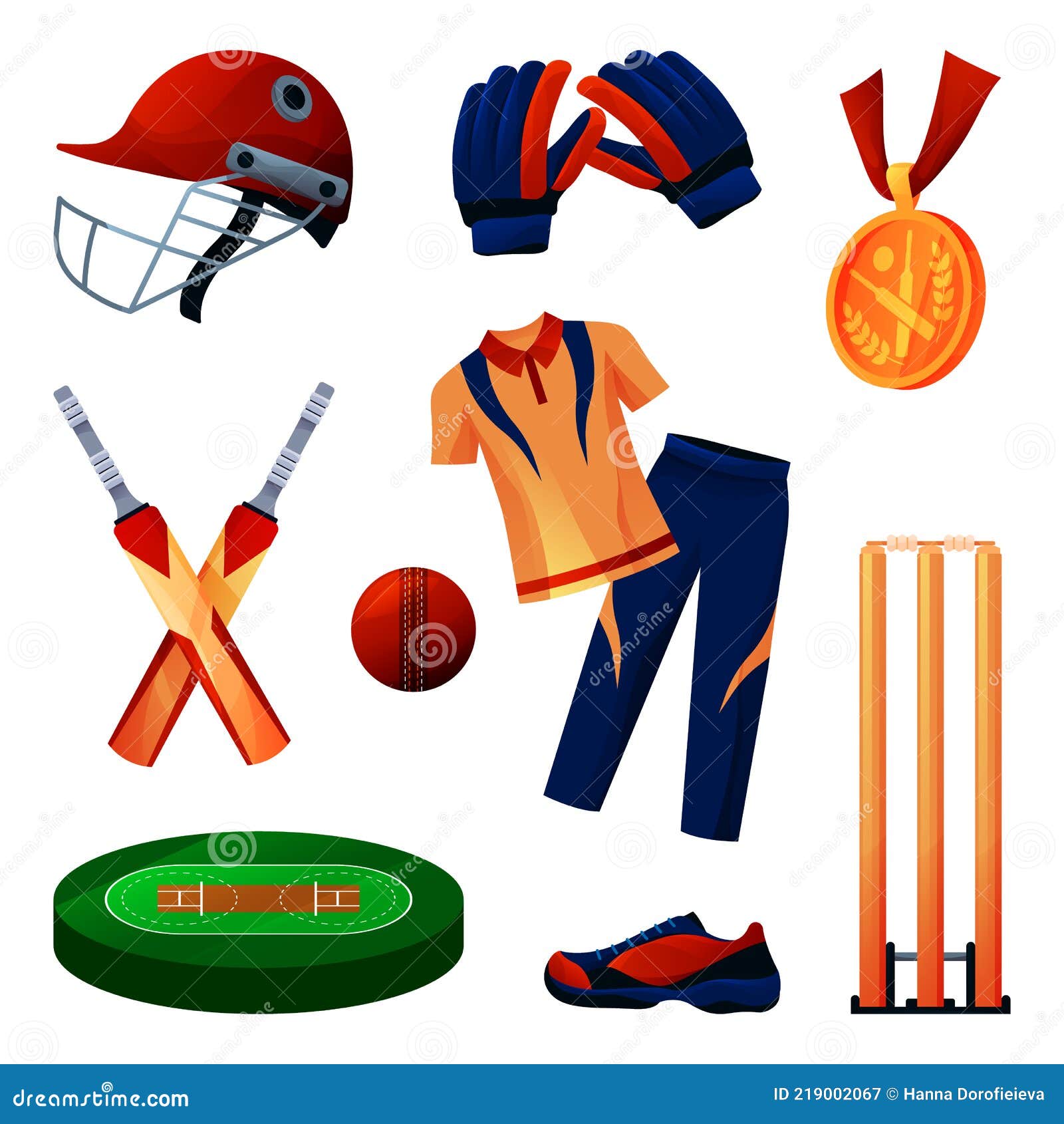 Cricket Equipment and Sportswear Set, Players Tool Stock Vector