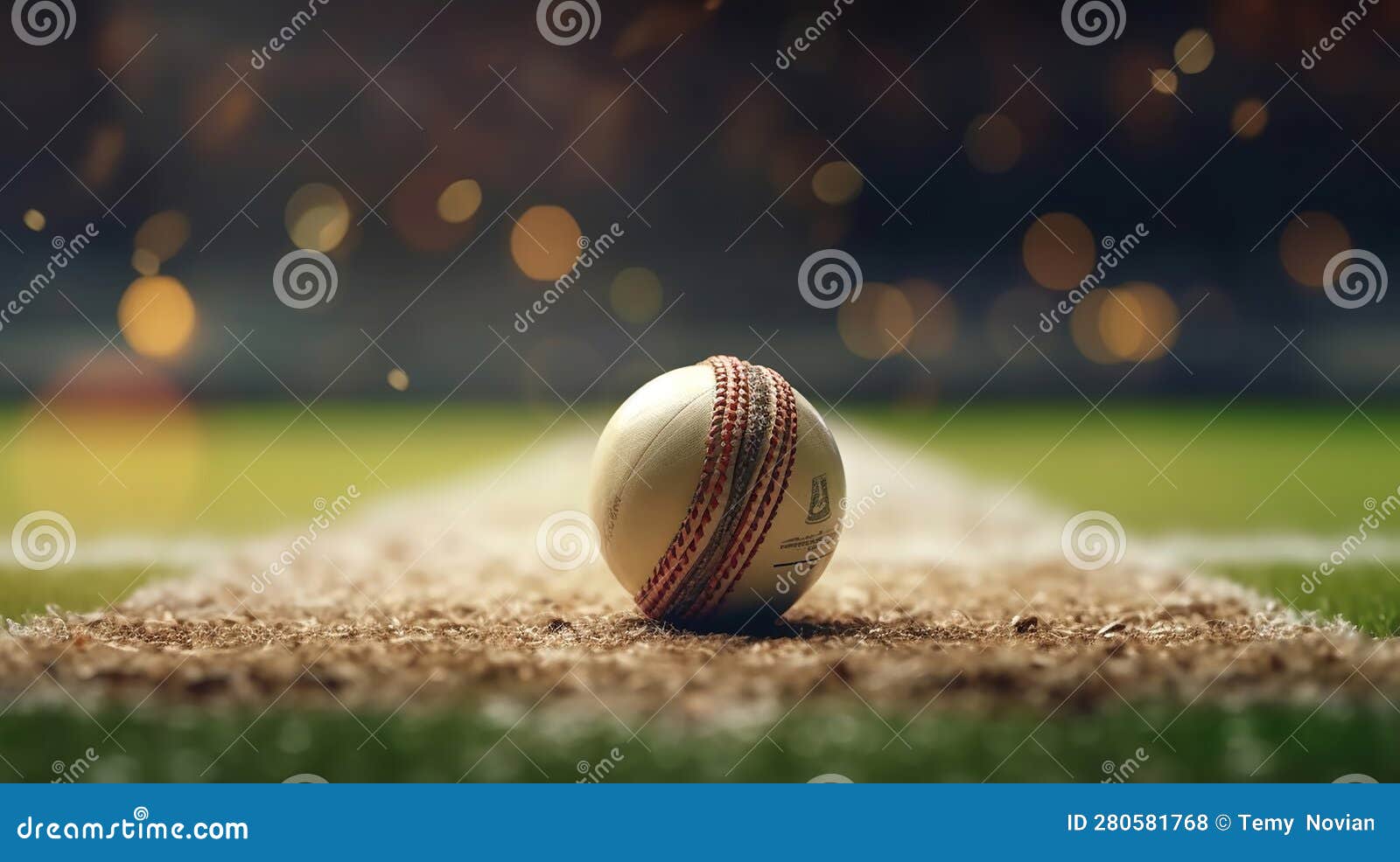 Cricket Leather Ball Resting on Bat on the Stadium Pitch. Generative Ai