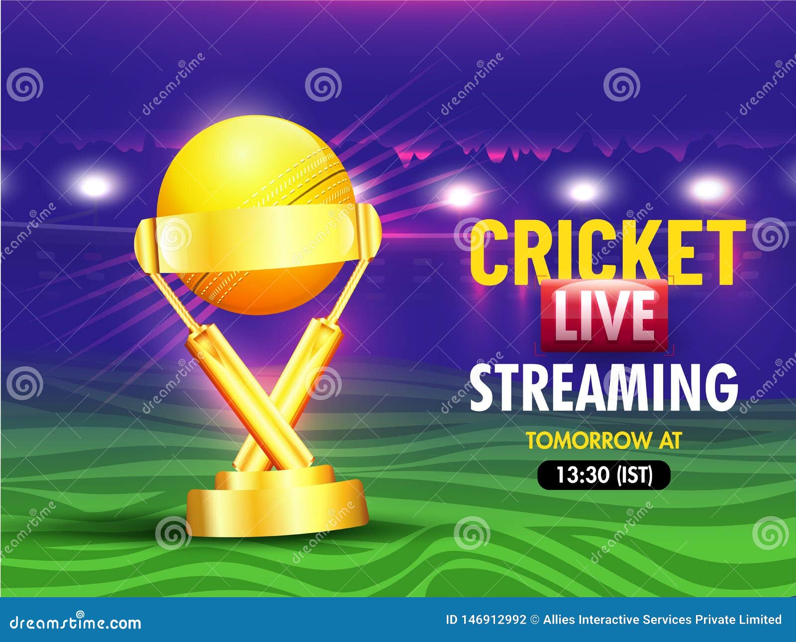 Cricket Live Streaming Banner or Poster Design with Realistic Golden Trophy Cup