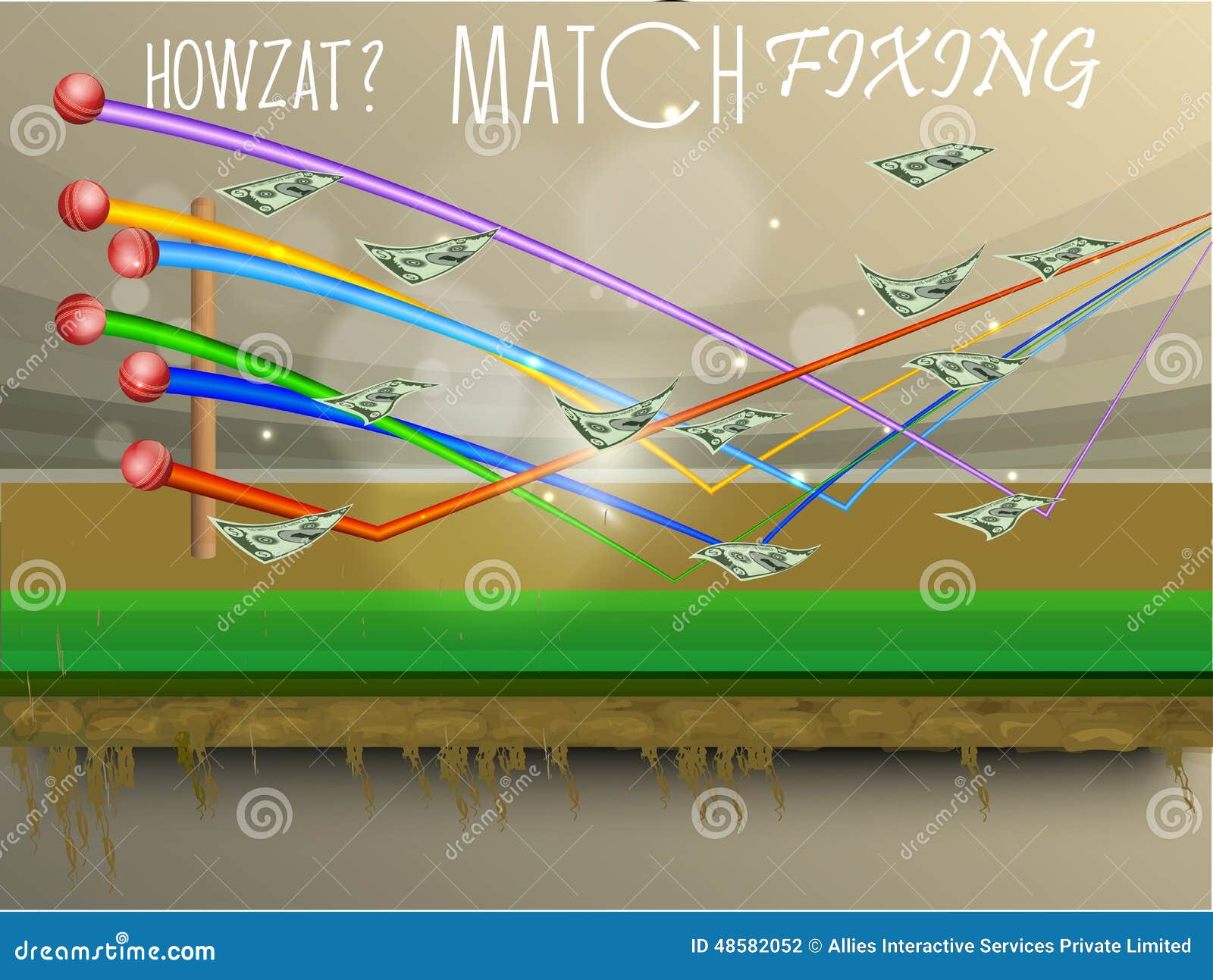 cricket match fixing concept with dollar and ball.