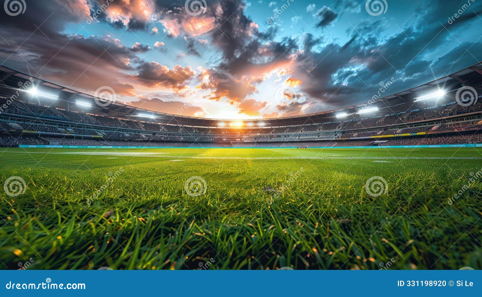 cricket stadium: daylight vs evening atmosphere under stadium lights - panoramic high definition image