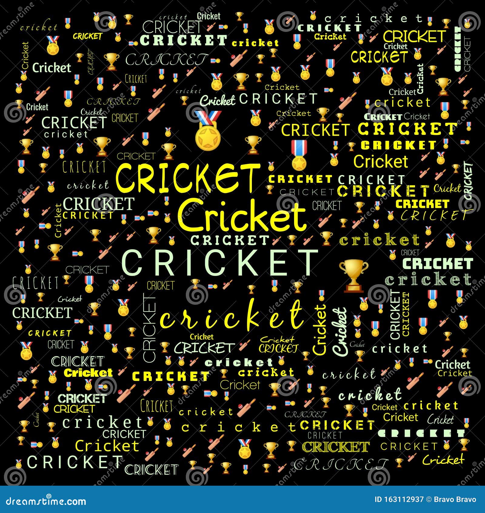 Cricket Word Cloud Use for Banner, Painting, Motivation, Web-page, Website Background, T-shirt and Shirt Printing, Poster, Gritting Stock Image