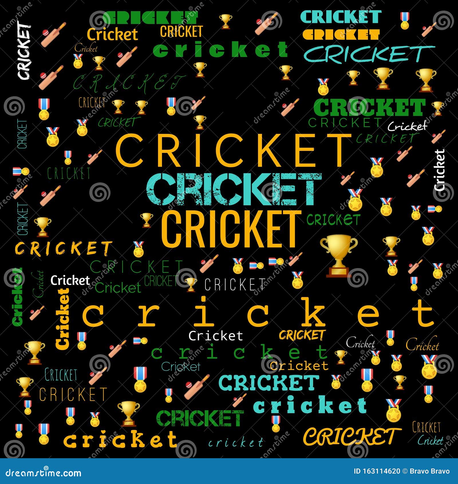 Cricket Word Cloud Use for Banner, Painting, Motivation, Web-page, Website Background, T-shirt and Shirt Printing, Poster, Gritting Stock Illustration