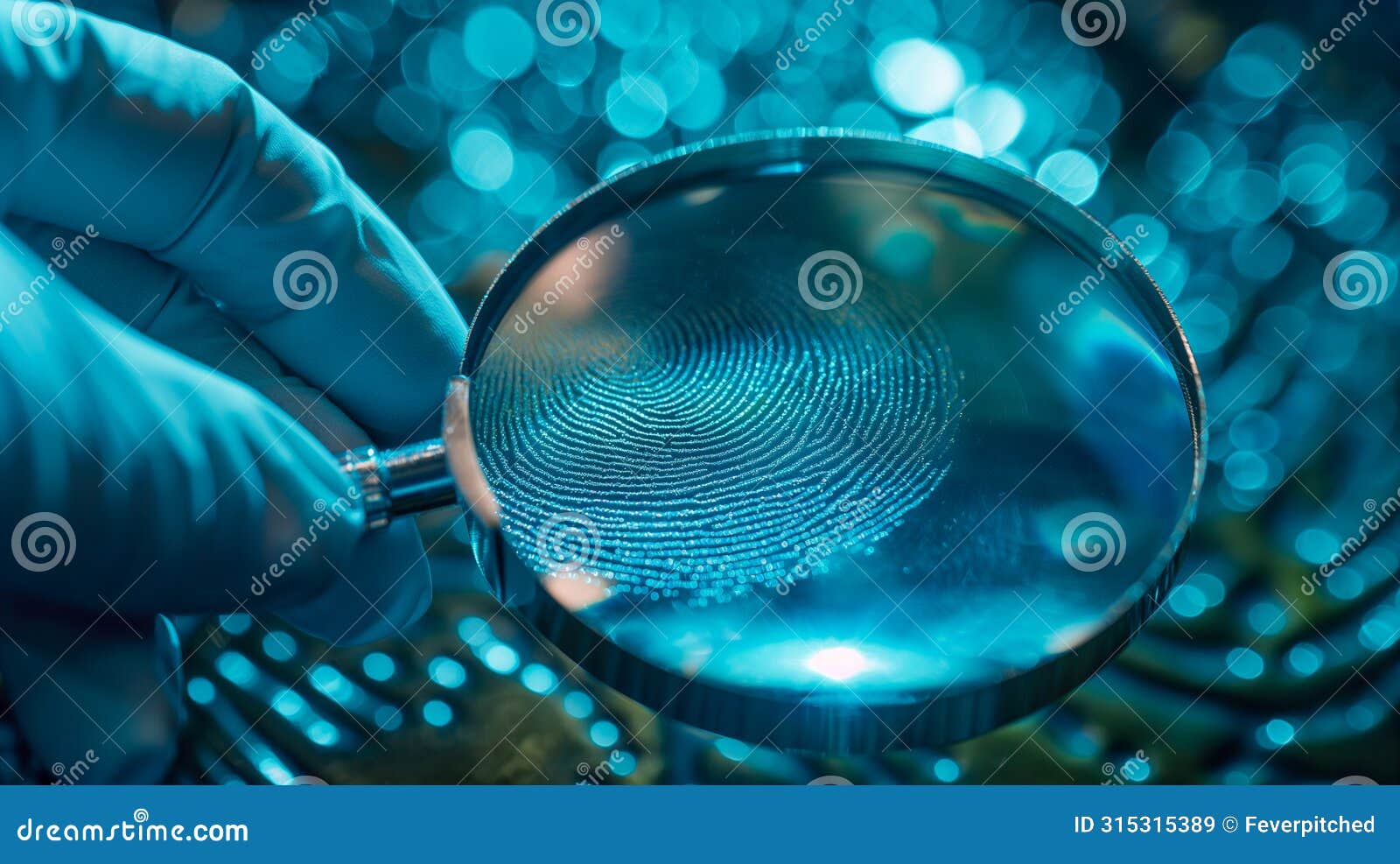 abstract crime scene investigator wearing surgical glove viewing fingerprint through magnifying glass. generative ai
