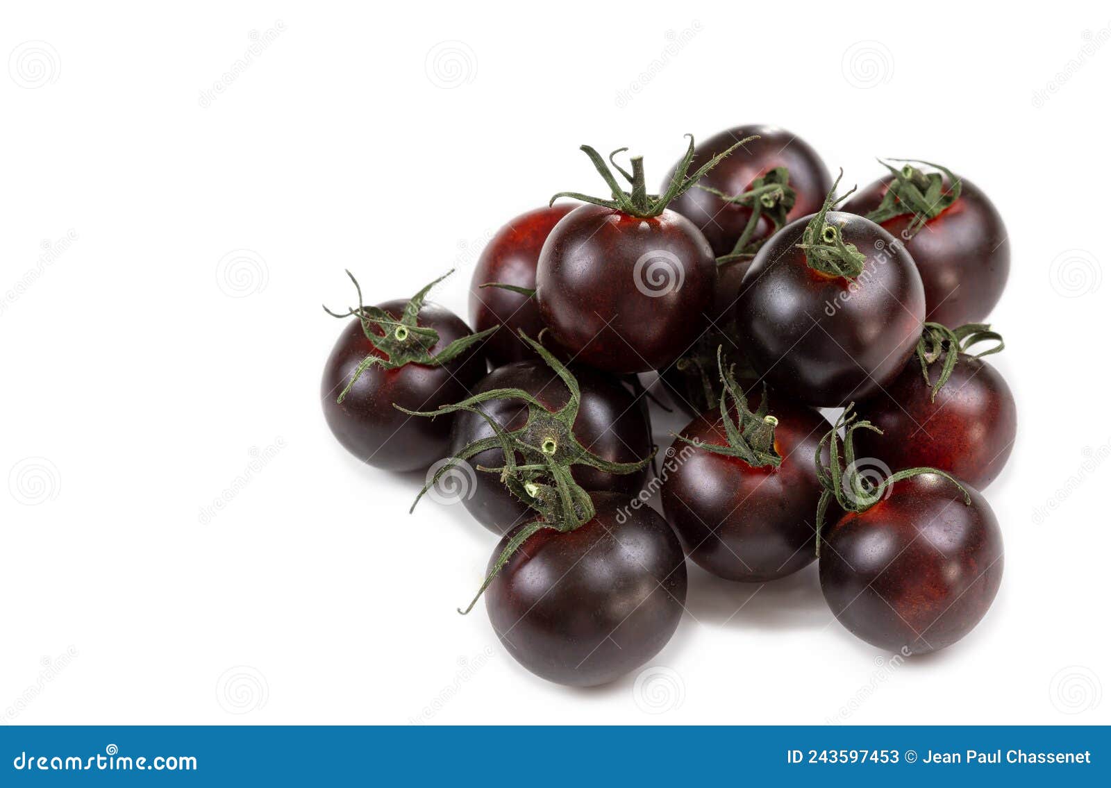 crimea or tondo nero tomatoes italian black cherry. top view, clipping paths -black cherry tomatoes  on white