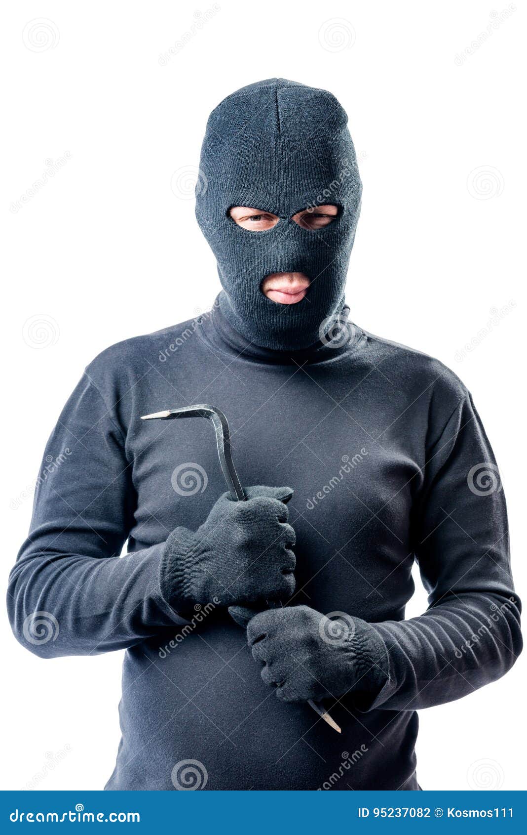 Criminal with a Crowbar in Hands in a Black Balaclava Posing Stock