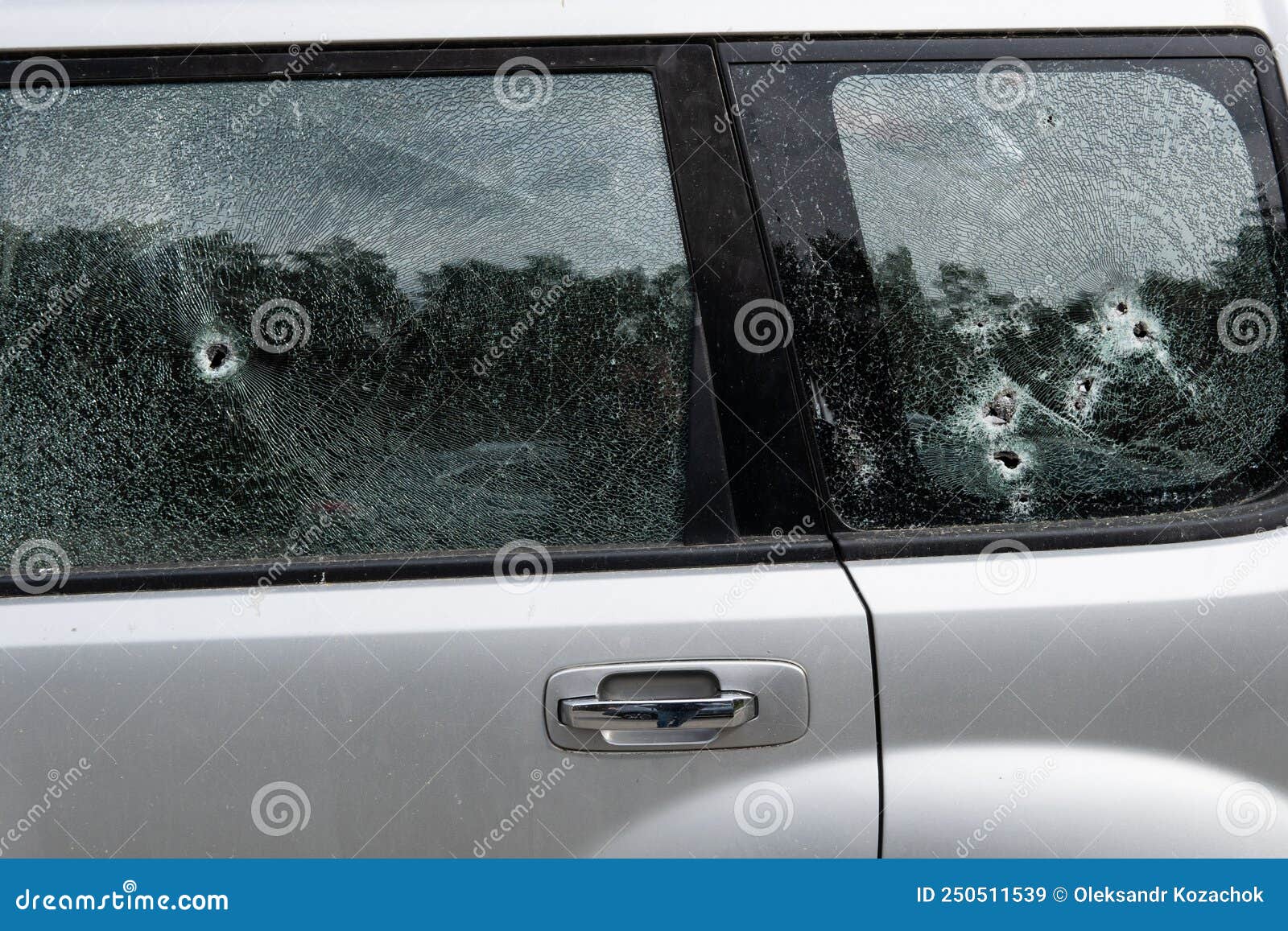 Criminal Incident. Car Burglary. Broken Left Side Window of a Car
