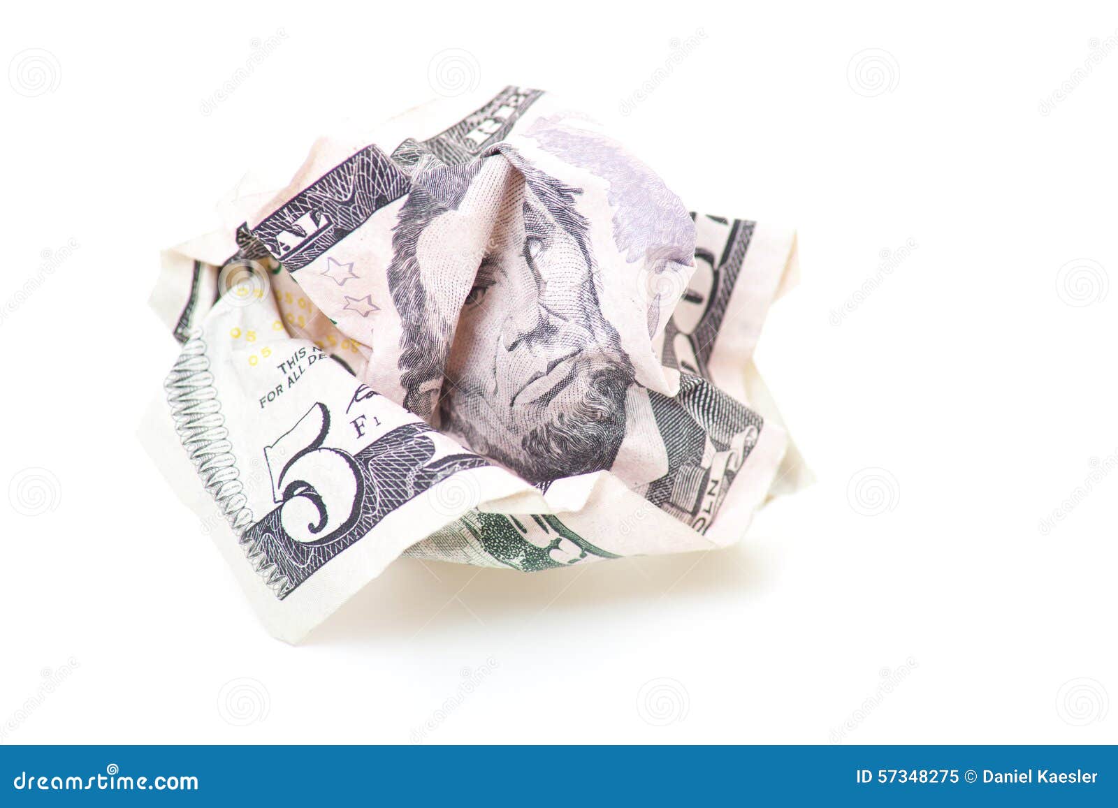Crinkled Five US Dollar Note Stock Image - Image of white, credit: 57348275