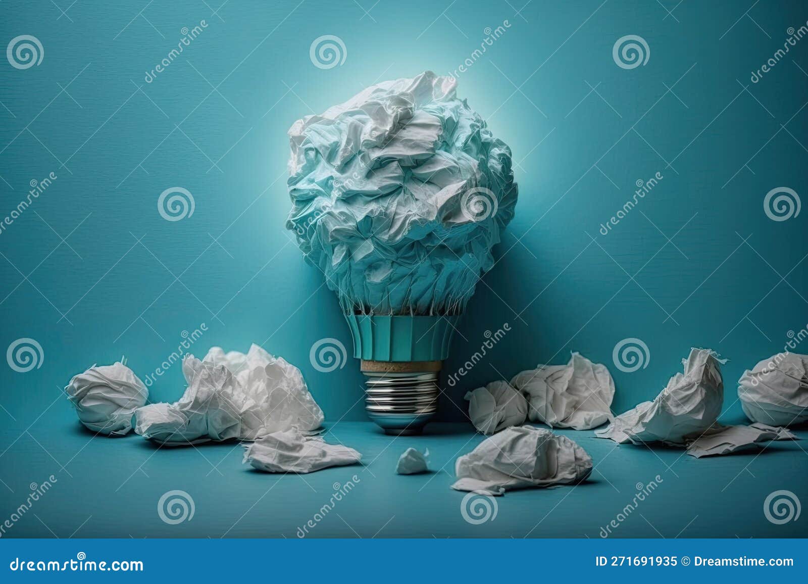 Crinkled Paper, a Light Bulb, and a Blue Background Stock Illustration