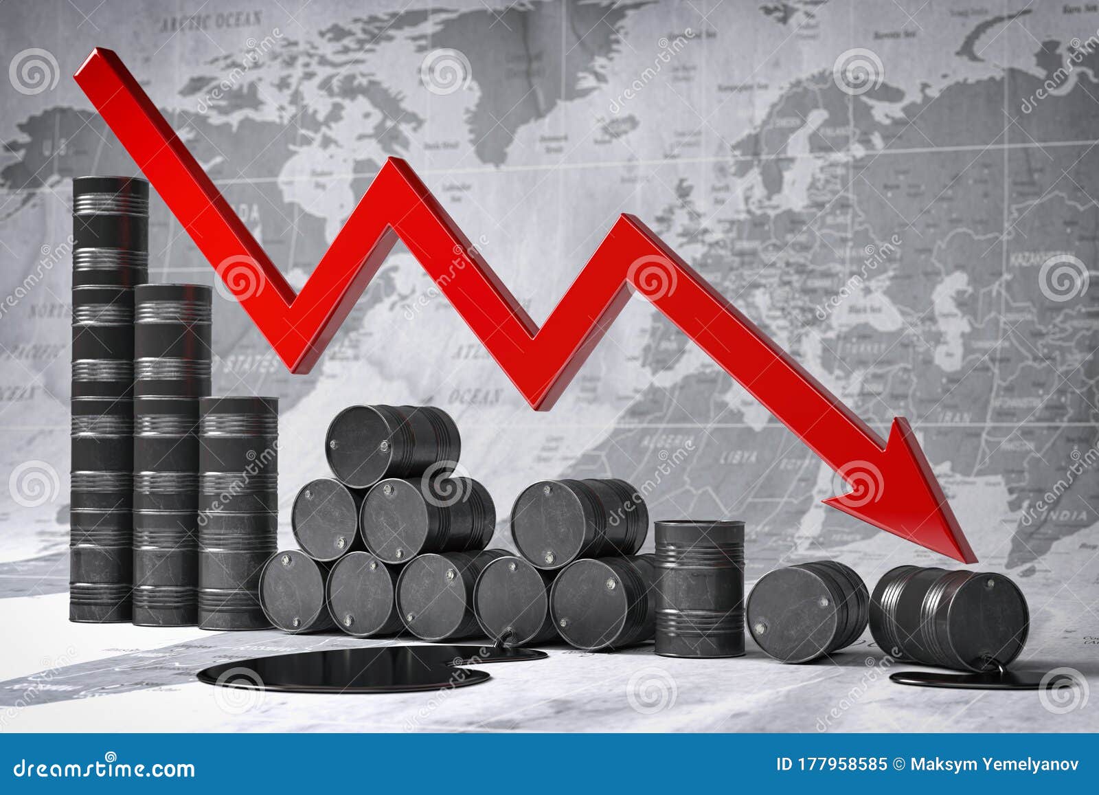 Crisis in Oil and Petroleum Ndustry. Oil Barrels and Falling Graph on World Map Background Stock