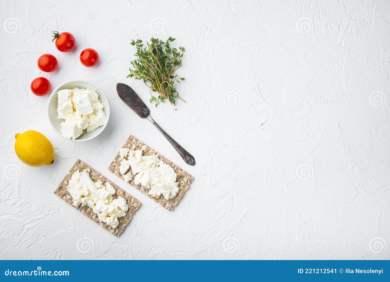 Crisp Bread Sandwich, Square Format, on White Stone Table Background, Top View Flat Lay, with