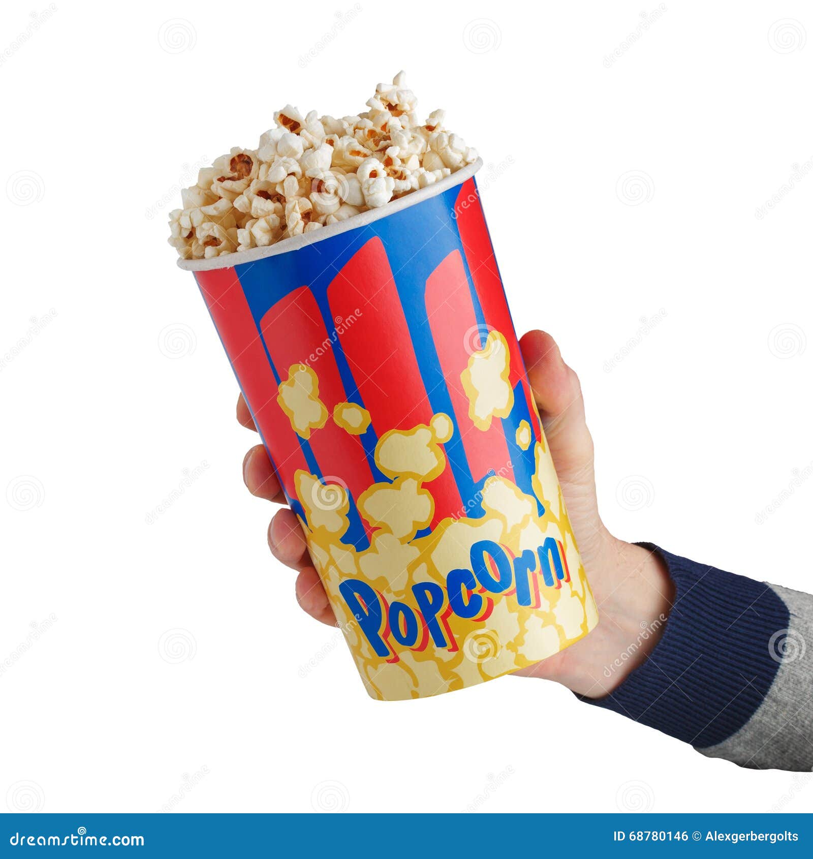 Crisp Fresh Popcorn in a Box in the Hand Isolated on White Backg Stock