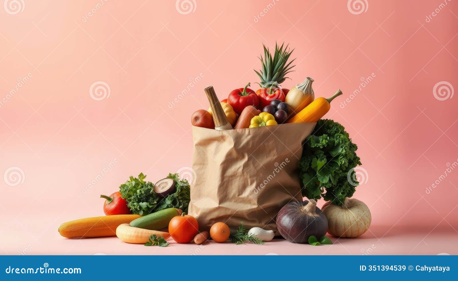 crisp fruits and vegetables with a soft pink studio backdrop