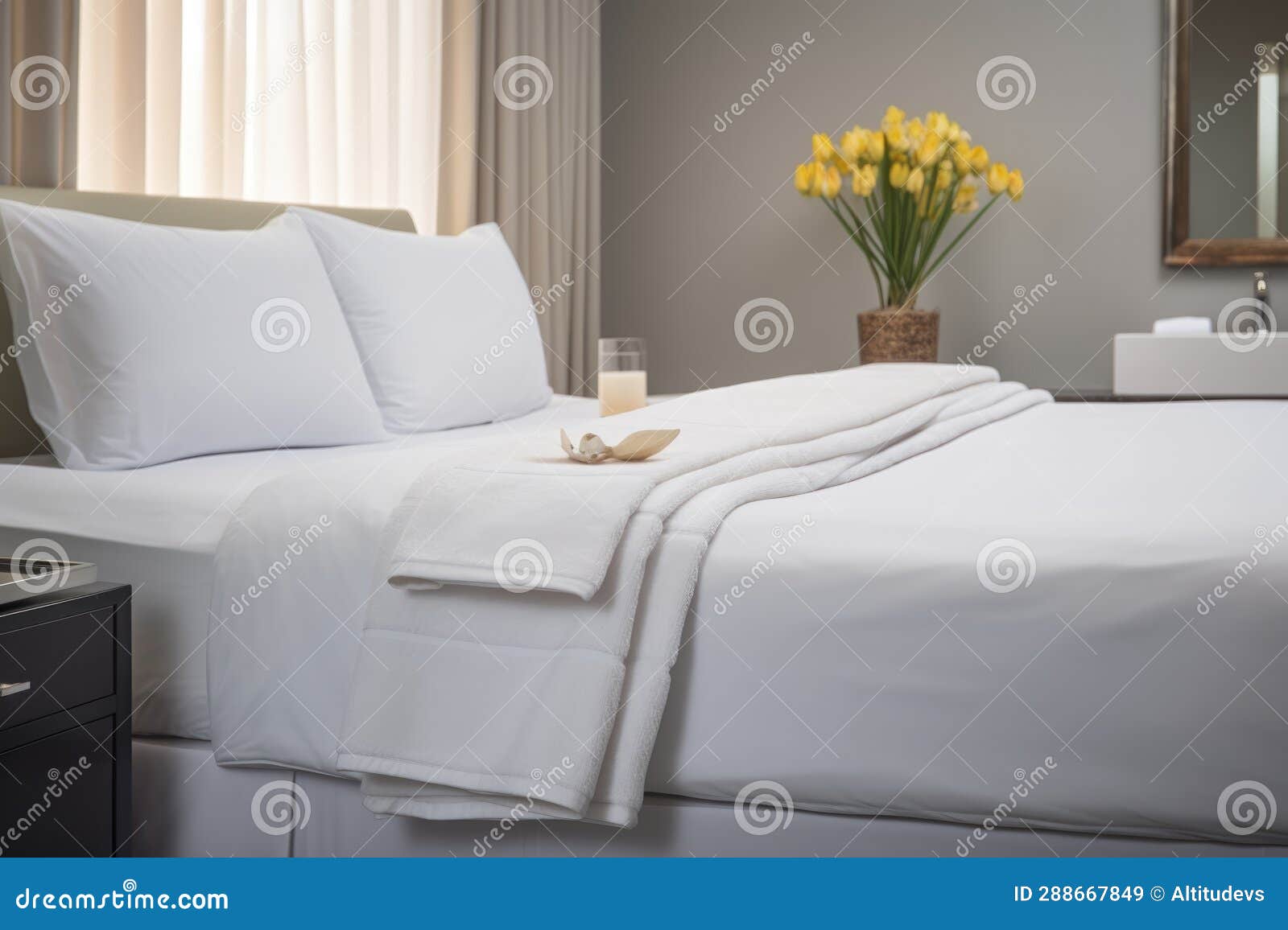 Crisp White Hotelstyle Bed with Folded Towels Stock Image Image of towel, linen 288667849