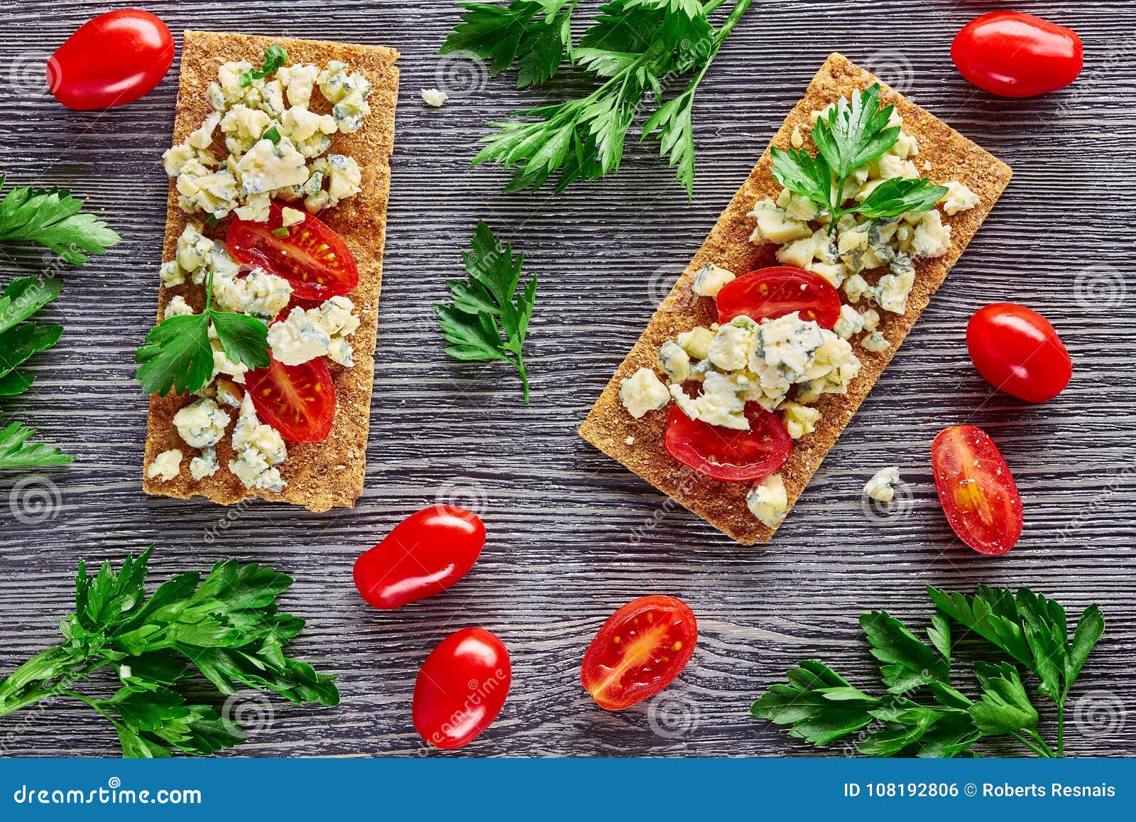 Crispbread with Blue Cheese and Tomatoes Stock Photo - Image of cheese ...