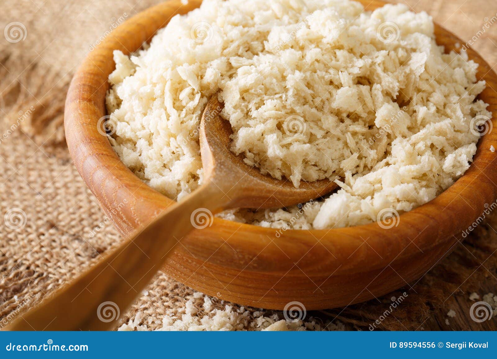 Crispy Breadcrumbs Panko for Breading in a Bowl Macro. Horizontal Stock