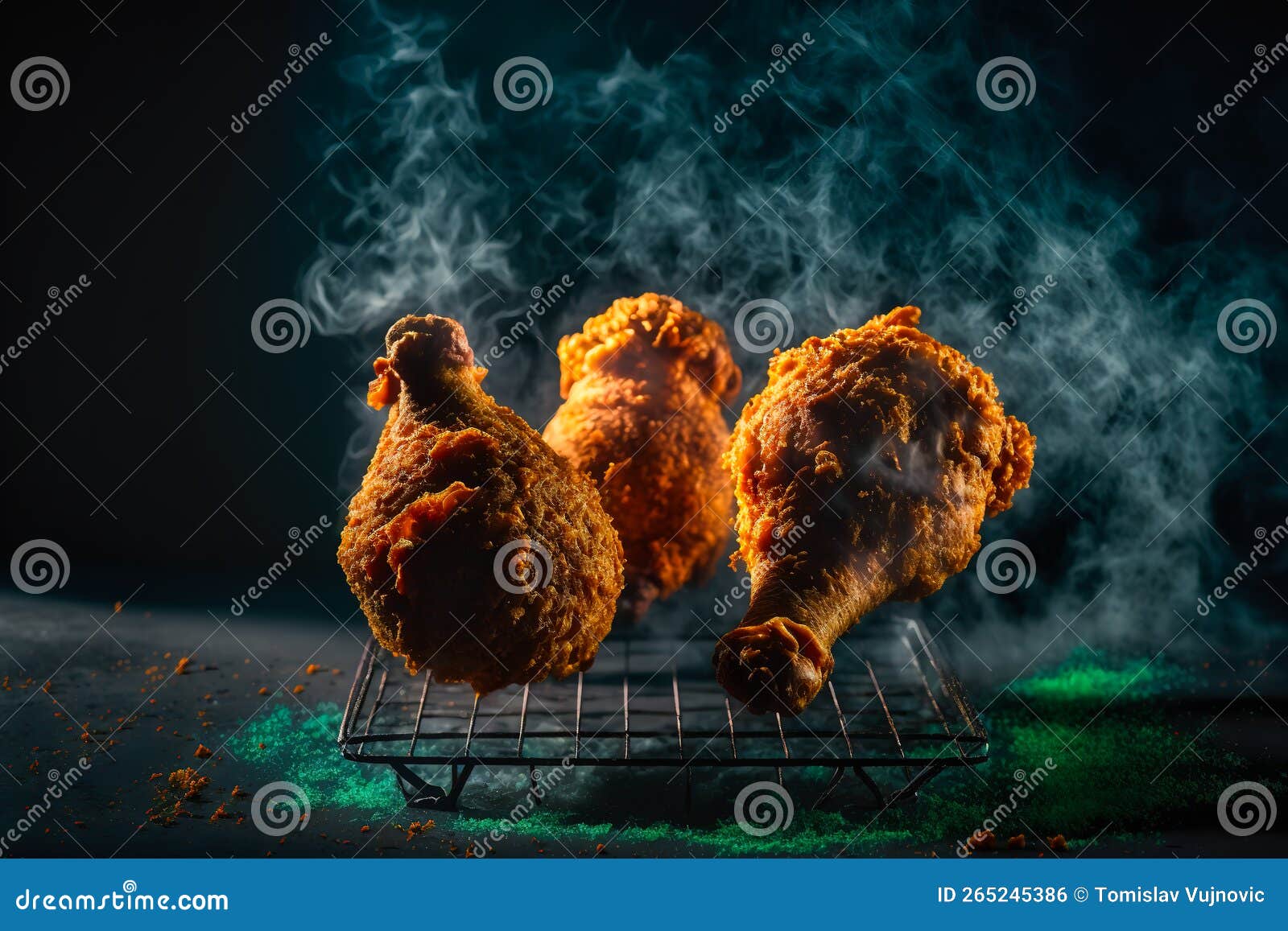 Crispy Breaded Chicken Drumsticks on a Grill with Smoke and Fire Background Stock Illustration