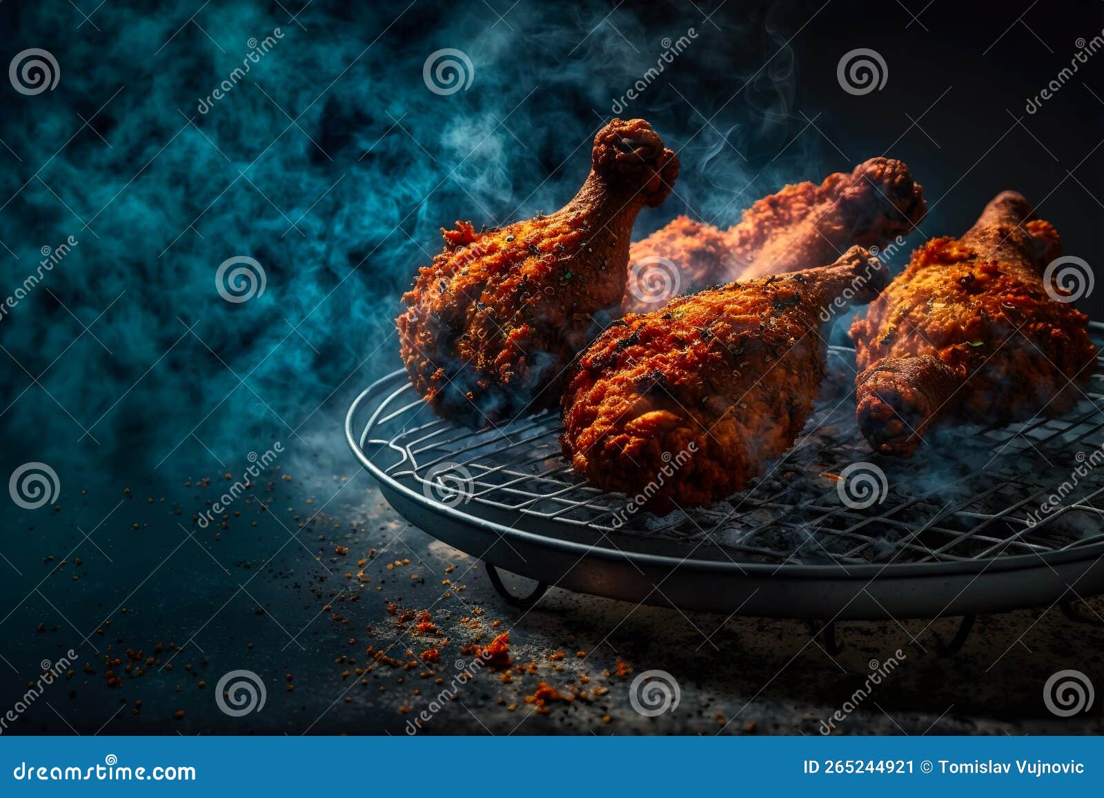 Crispy Breaded Chicken Drumsticks on a Grill with Smoke and Fire Background Stock Illustration