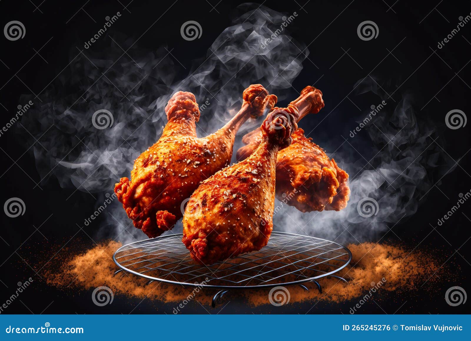 Crispy Breaded Chicken Drumsticks on a Grill with Smoke and Fire Background Stock Illustration